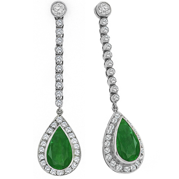Antique Emerald Diamond Platinum Drop Earrings