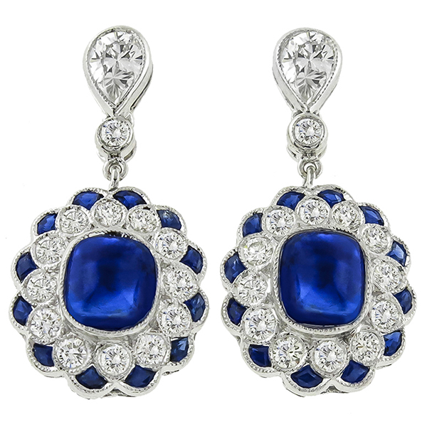 Estate Art Deco Style 5.12ct Sugar Loaf 2.49ct Faceted Sapphire  0.94ct Round Cut Diamond 18k White Gold Drop Earrings 