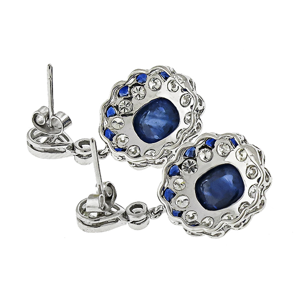 Estate Art Deco Style 5.12ct Sugar Loaf 2.49ct Faceted Sapphire  0.94ct Round Cut Diamond 18k White Gold Drop Earrings 