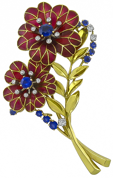 Boucheron 1.00ct Sapphire Diamond Enamel Flower Pin Photo 1