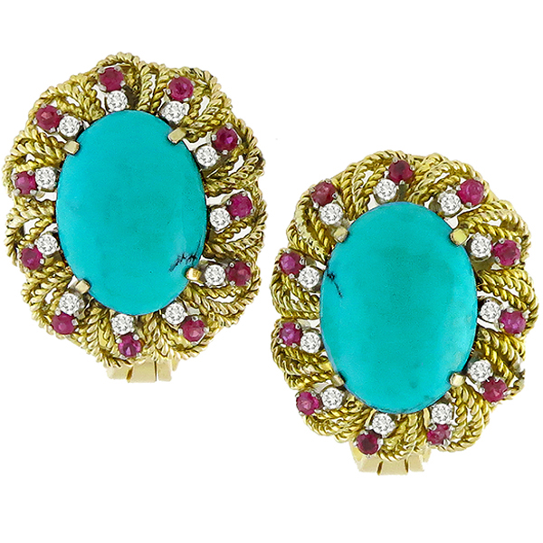 Estate Cabochon Turquoise 0.88ct Round Cut Ruby 0.66ct Round Cut Diamond 14k Yellow & White Gold Earrings