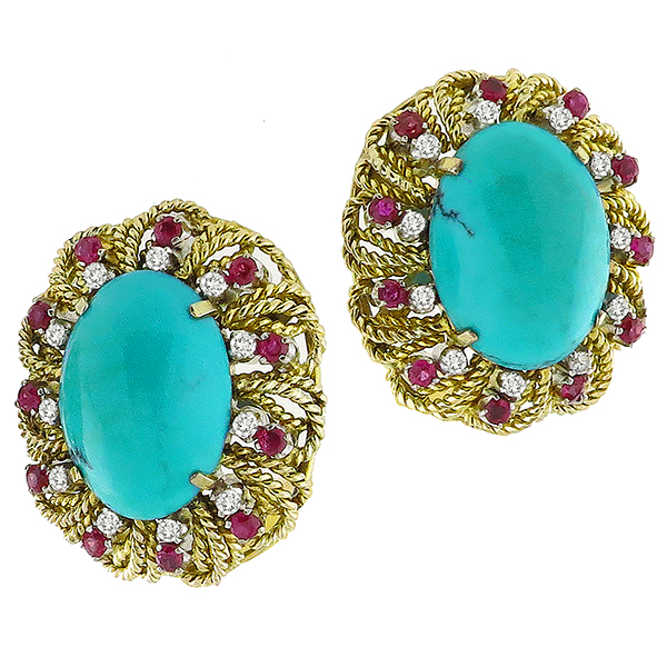 Estate Cabochon Turquoise 0.88ct Round Cut Ruby 0.66ct Round Cut Diamond 14k Yellow & White Gold Earrings