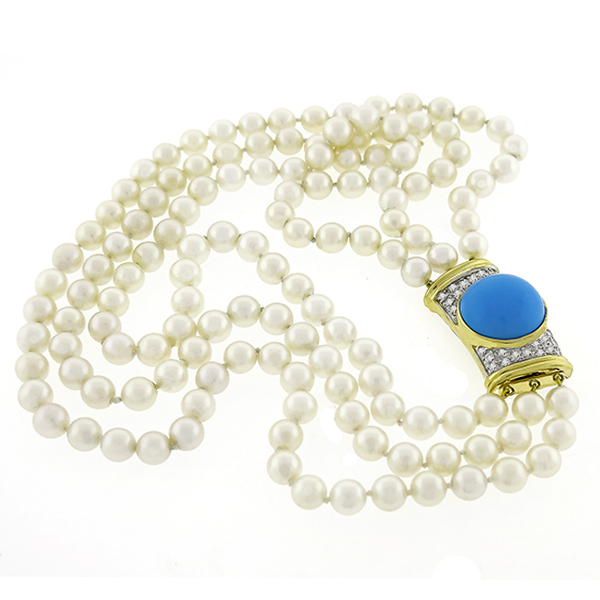 Turquoise Diamond Pearl Gold Necklace 
