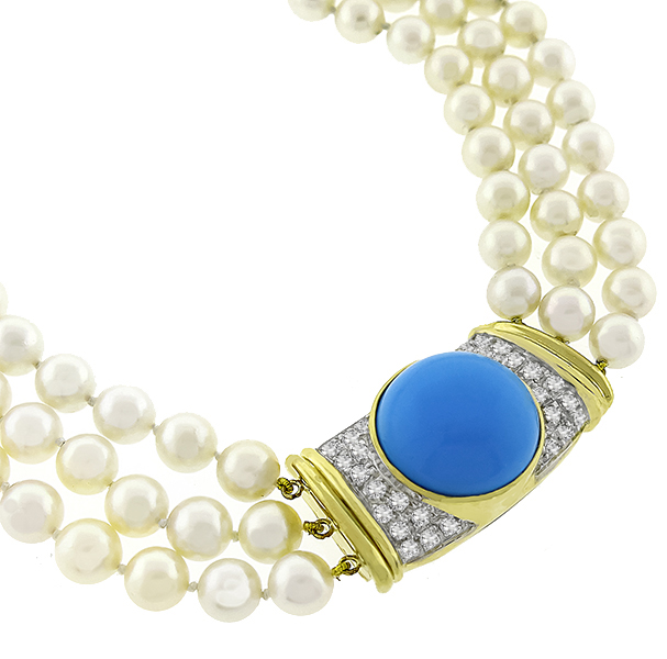 Turquoise Diamond Pearl Gold Necklace 