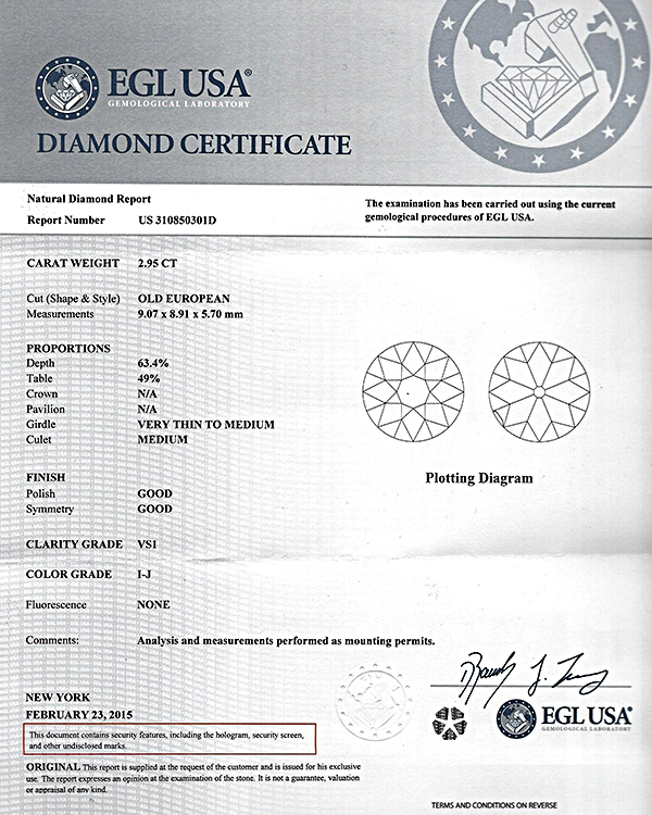 Estate EGL Certified 2.95ct Diamond Engagement Ring