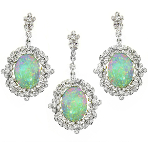 Opal Diamond Gold Earrings & Pendant Set