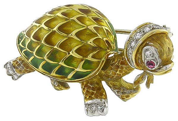 Estate Enamel 0.30ct Diamond Turtle Pin Photo 1