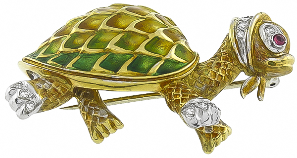 Estate Enamel 0.30ct Diamond Turtle Pin Photo 1