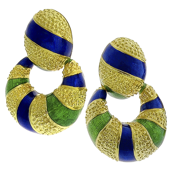 Estate Green & Blue Enamel  18k Yellow Gold Doorknocker Earrings