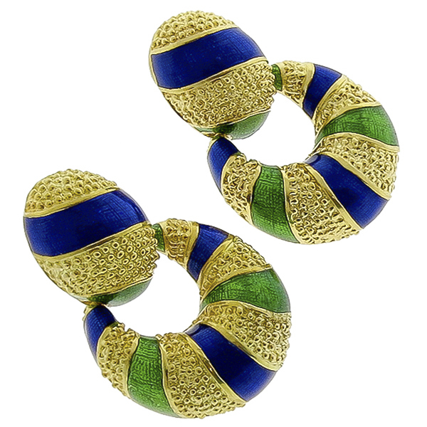 Estate Green & Blue Enamel  18k Yellow Gold Doorknocker Earrings