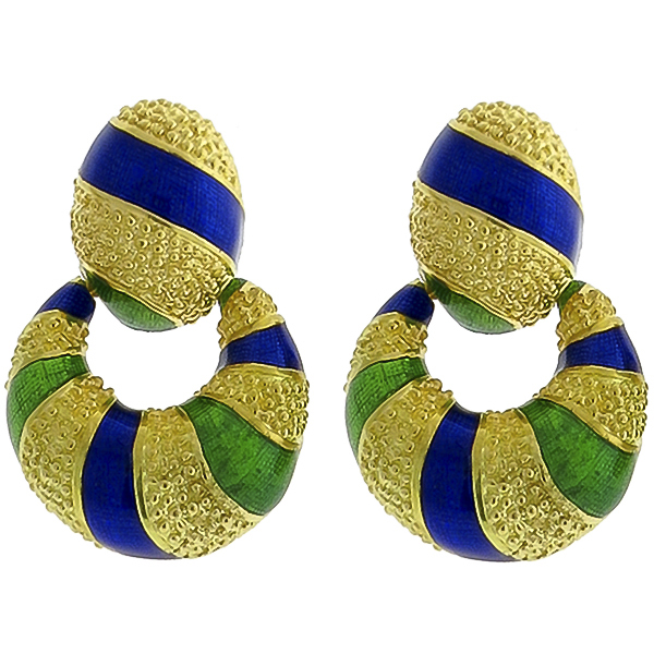 Estate Green & Blue Enamel  18k Yellow Gold Doorknocker Earrings
