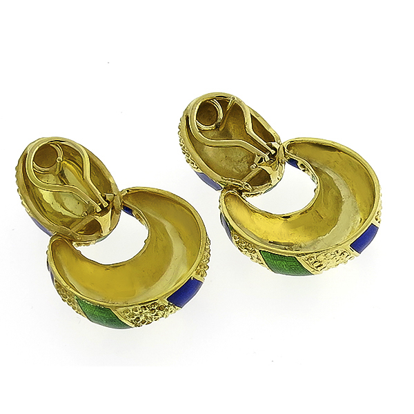 Estate Green & Blue Enamel  18k Yellow Gold Doorknocker Earrings