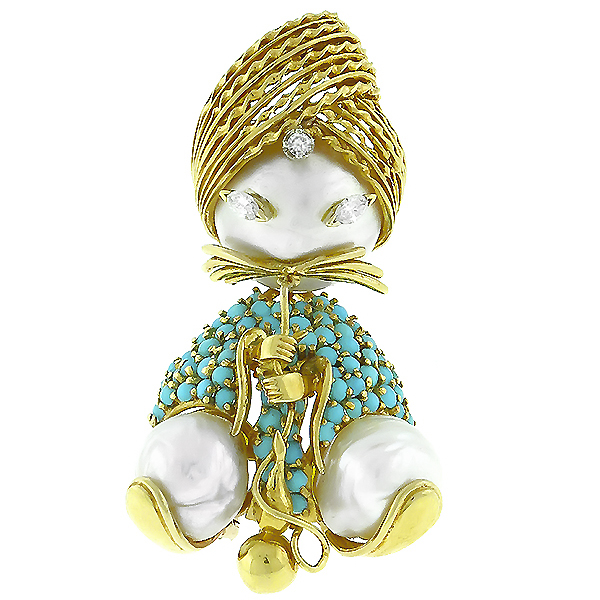 diamond,  mabe, baroque pearls turquoise 18k yellow gold pin 1
