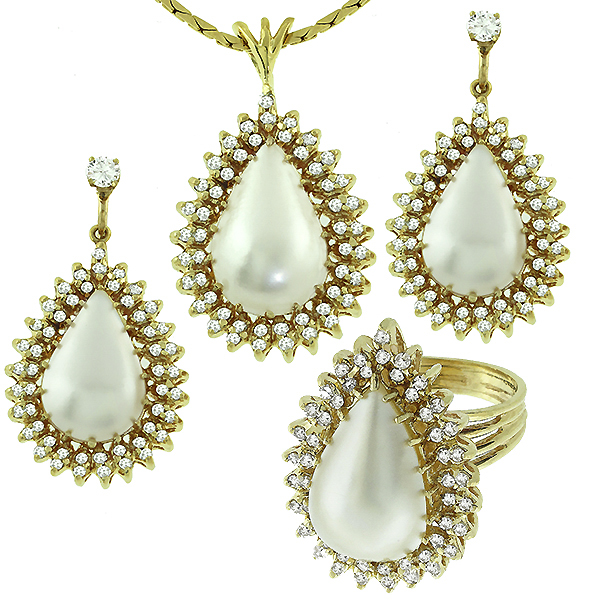 14k yellow gold Mabe pearl and diamond necklace, earrings and ring set 1