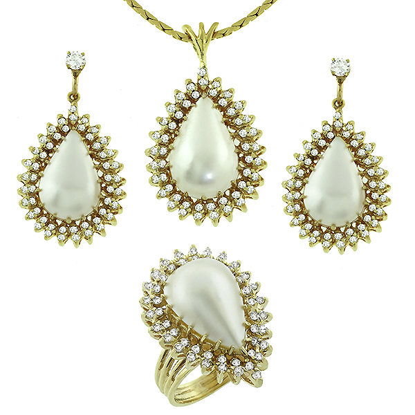 14k yellow gold Mabe pearl and diamond necklace, earrings and ring set 1