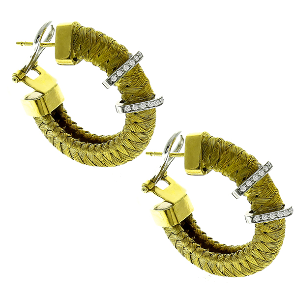 Roberto Coin  Diamond Gold Weave Hoops Earrings