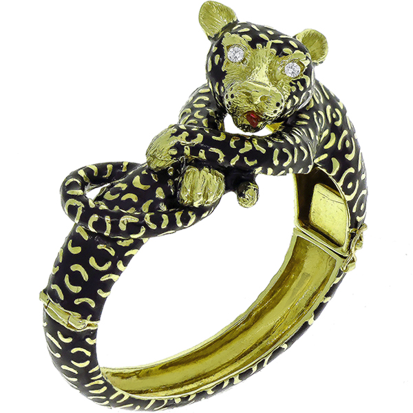 Estate Round Cut Diamond Marquise Cut Ruby Black Enamel 14k Yellow & White Gold Leopard Bangle