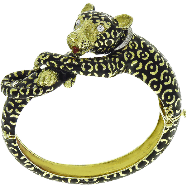 Estate Round Cut Diamond Marquise Cut Ruby Black Enamel 14k Yellow & White Gold Leopard Bangle