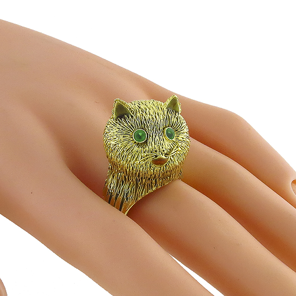 Estate Round Cut Emerald 14k Yellow Gold Enamel Cat Ring