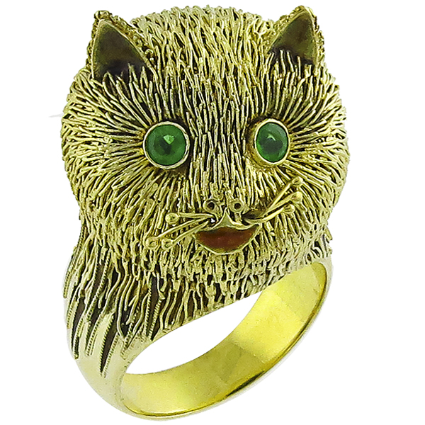 Estate Round Cut Emerald 14k Yellow Gold Enamel Cat Ring