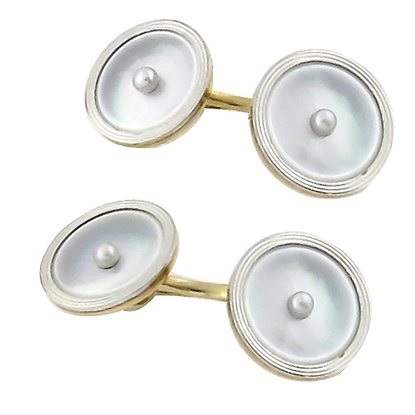 14k yellow and white gold mother of pearl seed pearl cufflinks 1