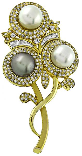 Estate South Sea Pearl 4.00ct Diamond Flower Pin Photo 1
