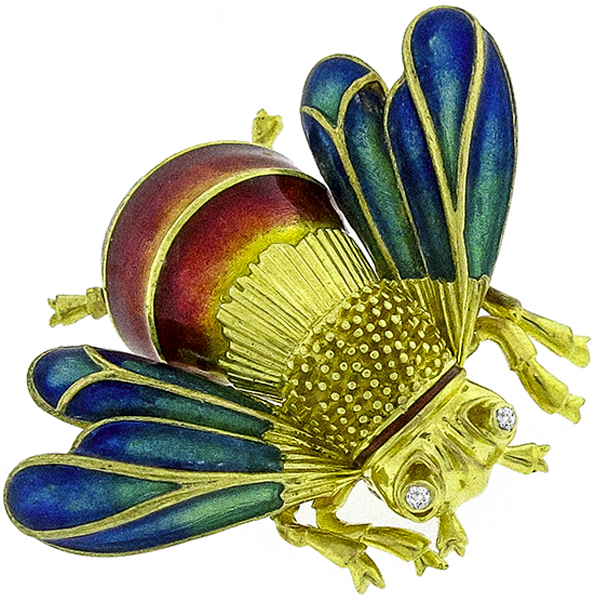 Diamond Enamel Gold Bee Pin 