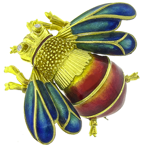 Diamond Enamel Gold Bee Pin 