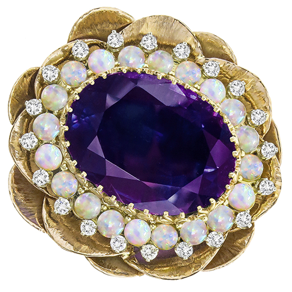 Estate Vintage 1960s 30.00ct Oval Cut Amethyst Cabochon Opal 1.00ct Round Cut Diamond 14k Yellow  & White Gold Lotus Pin/ Pendant