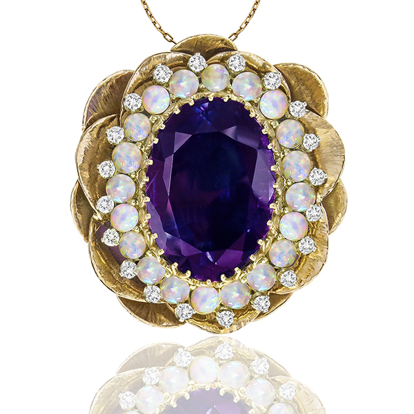 Estate Vintage 1960s 30.00ct Oval Cut Amethyst Cabochon Opal 1.00ct Round Cut Diamond 14k Yellow  & White Gold Lotus Pin/ Pendant