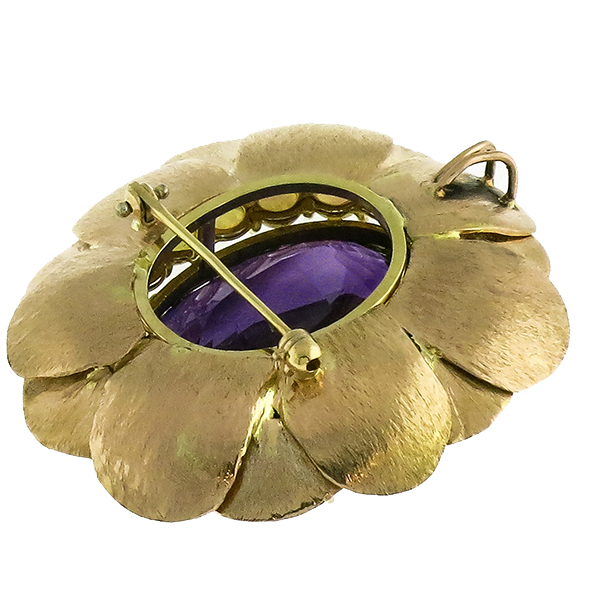 Estate Vintage 1960s 30.00ct Oval Cut Amethyst Cabochon Opal 1.00ct Round Cut Diamond 14k Yellow  & White Gold Lotus Pin/ Pendant