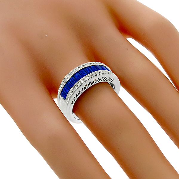Estate 0.80ct Baguette Cut Sapphire 0.20ct  Round Cut Diamond 14k White Gold  Ring