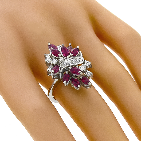Estate 1.00ct Marquise Cut Ruby  0.40ct Round Cut Diamond 14k White Gold Cocktail Ring