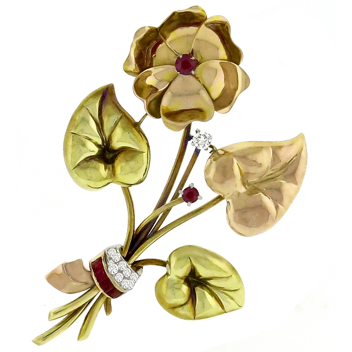Ruby Diamond 2 Tone Gold Flower Pin