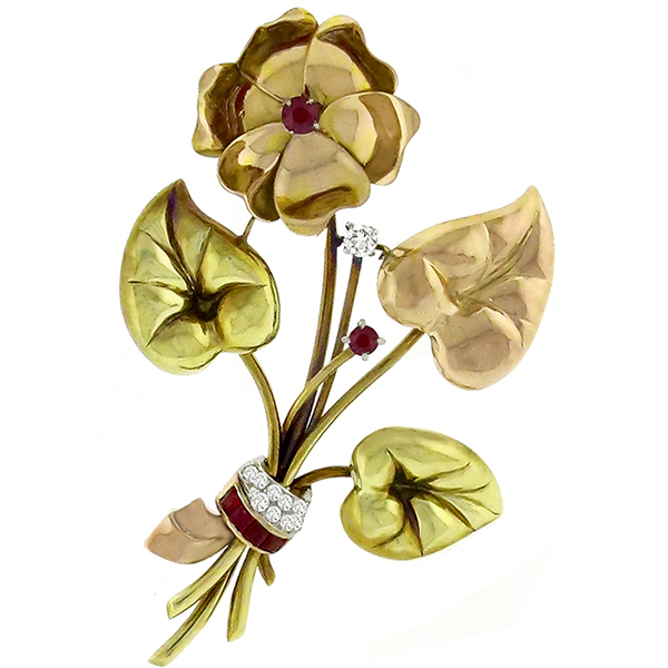 Ruby Diamond 2 Tone Gold Flower Pin