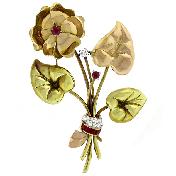Ruby Diamond 2 Tone Gold Flower Pin