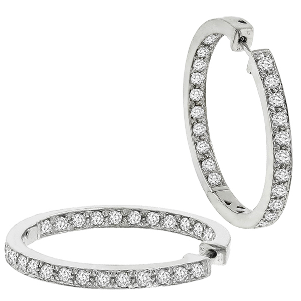 Estate 4.00ct Round Brilliant  Cut Inside Out Diamond 14k White Gold Hoops Earrings