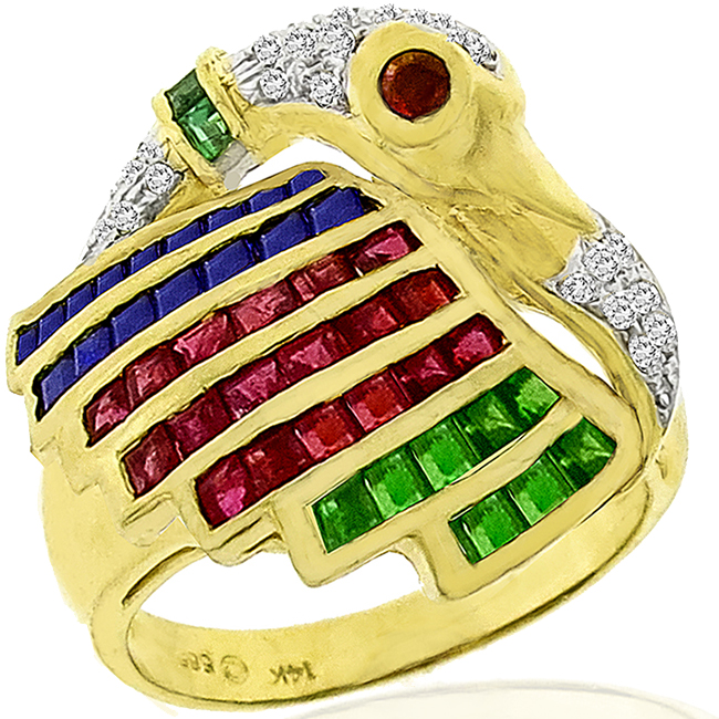 Diamond Multi Color Precious Stone Gold Swan Ring