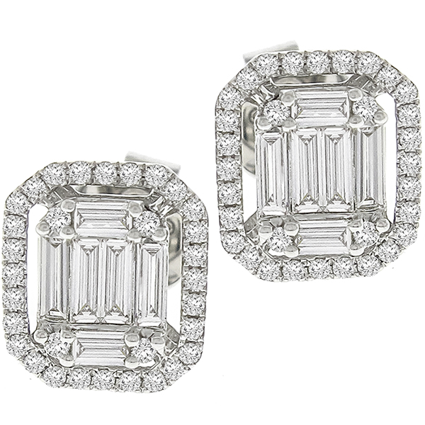 Estate 1.60ct Baguette & Round Cut Diamonds 18k White Gold Earrings