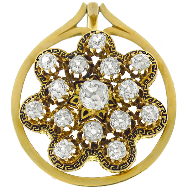 Antique Diamond Enamel Gold  Pin/ Pendant