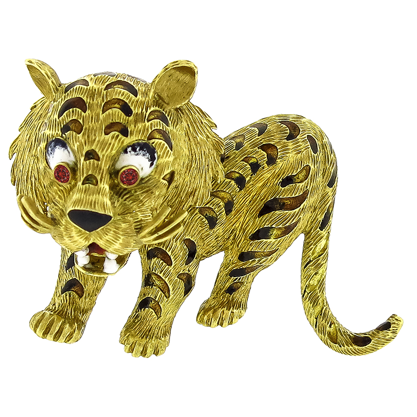 Estate 18k Yellow Gold Ruby Enamel Tiger Pin