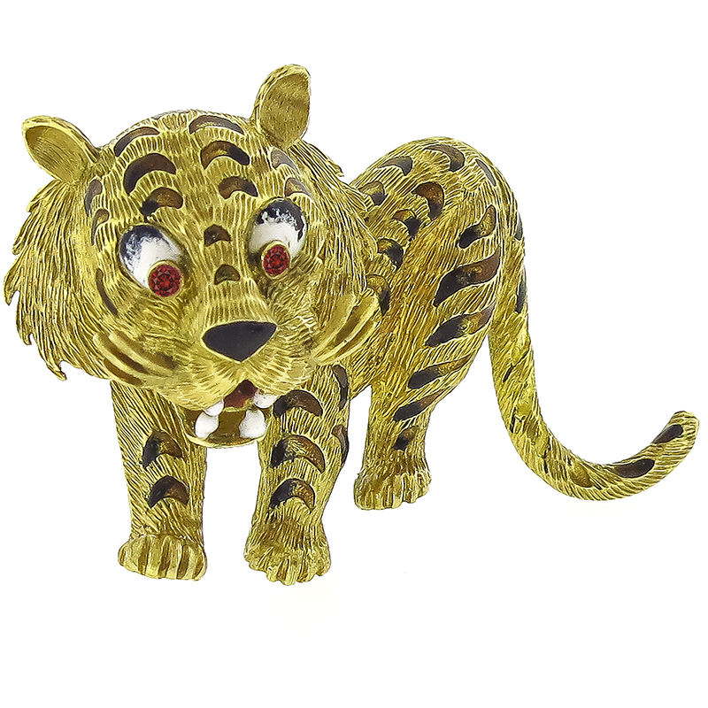 Estate 18k Yellow Gold Ruby Enamel Tiger Pin