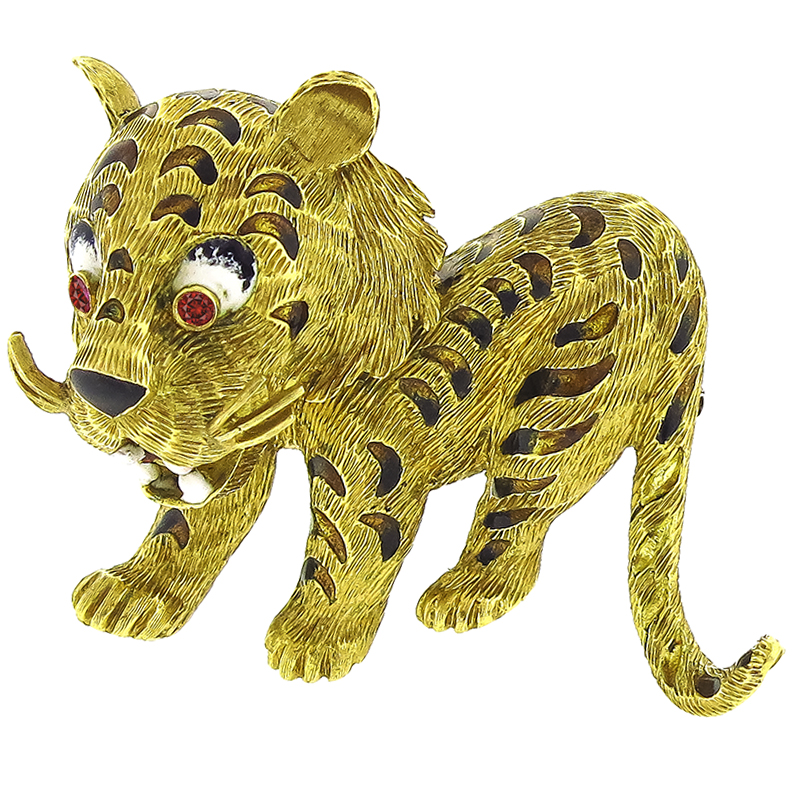 Estate 18k Yellow Gold Ruby Enamel Tiger Pin