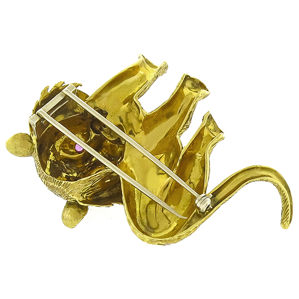 Estate 18k Yellow Gold Ruby Enamel Tiger Pin