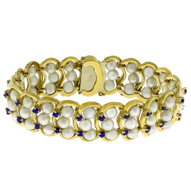 2.10ct Sapphire 3 Row Pearl Gold Bracelet