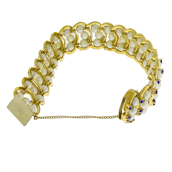 2.10ct Sapphire 3 Row Pearl Gold Bracelet