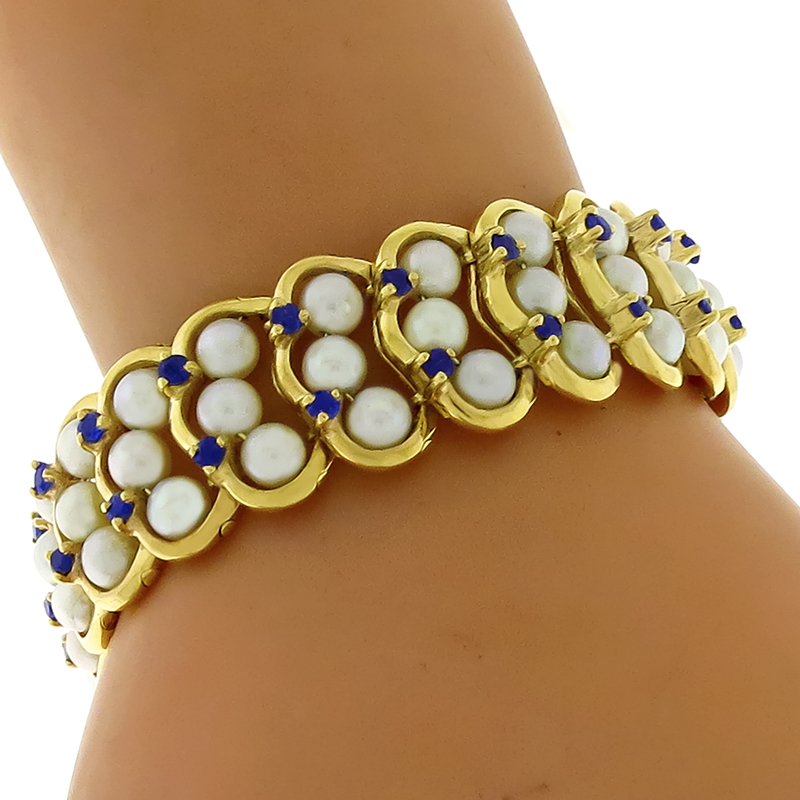 2.10ct Sapphire 3 Row Pearl Gold Bracelet