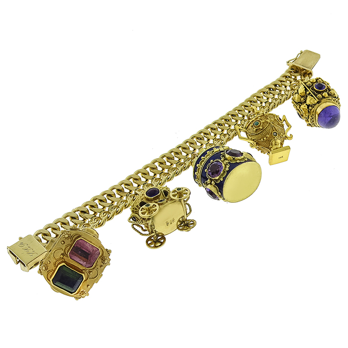 Multi Gem 18k and 14k Yellow Gold Charm Bracelet
