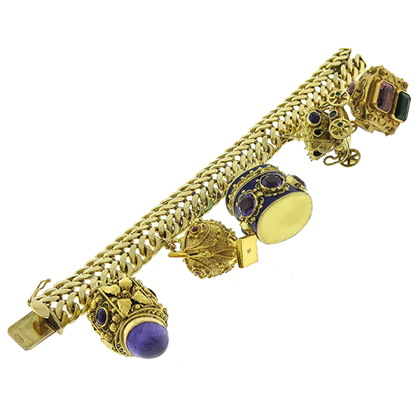Multi Gem 18k and 14k Yellow Gold Charm Bracelet