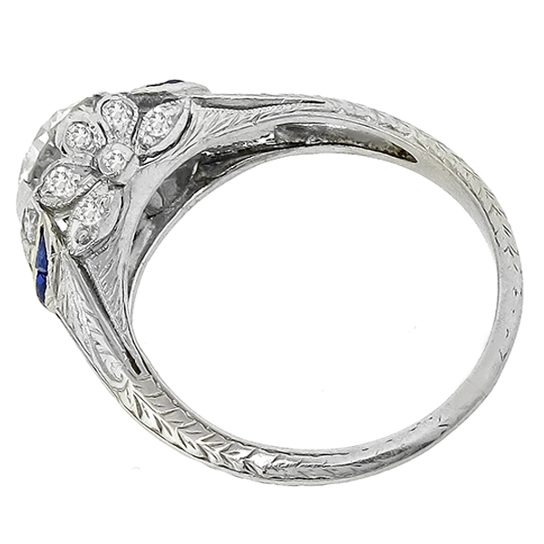 Art Deco GIA 1.17ct Diamond Sapphire Engagement Ring